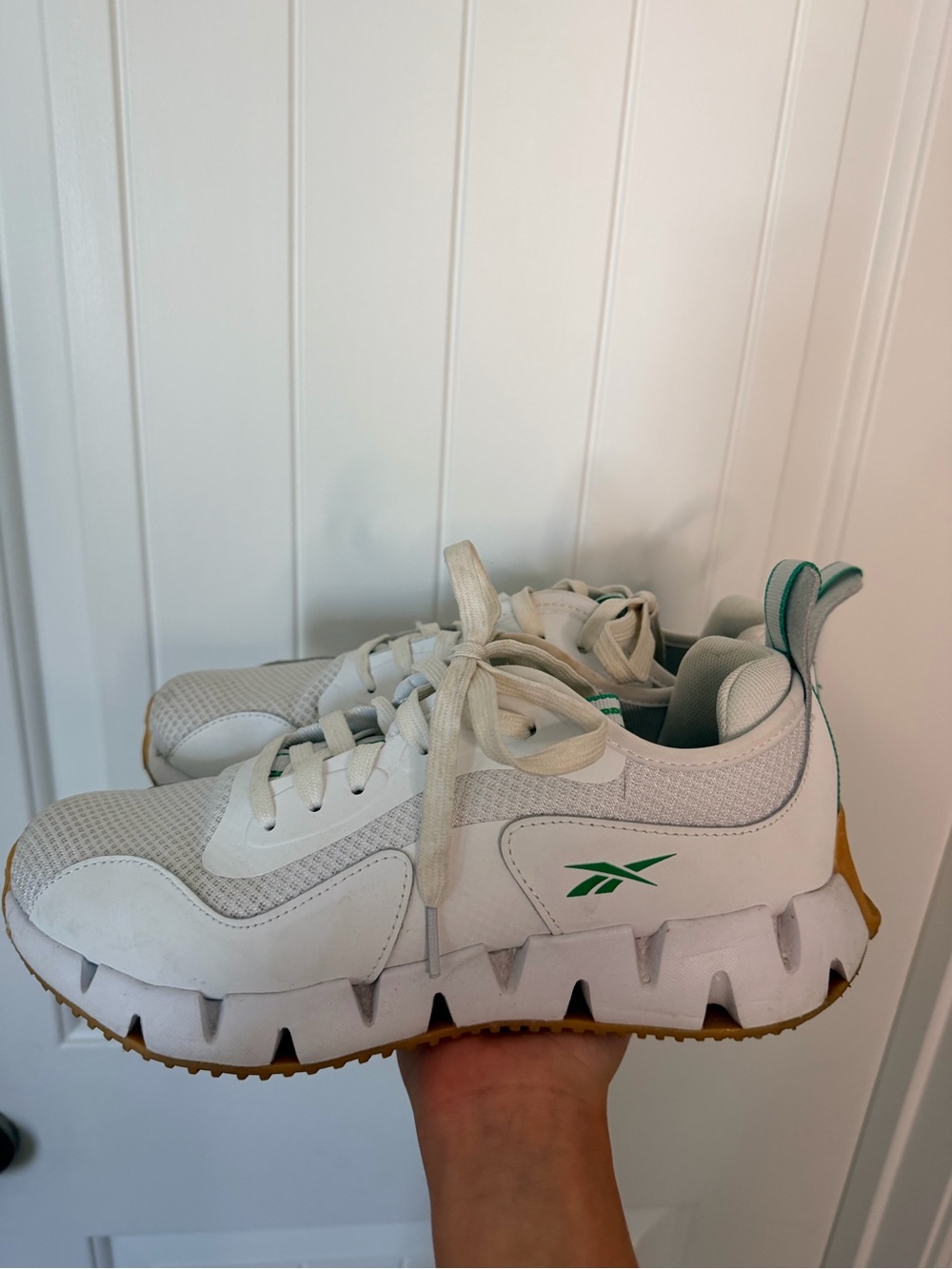 Reebok White Sneakers with Green Logo and Gum Outsole